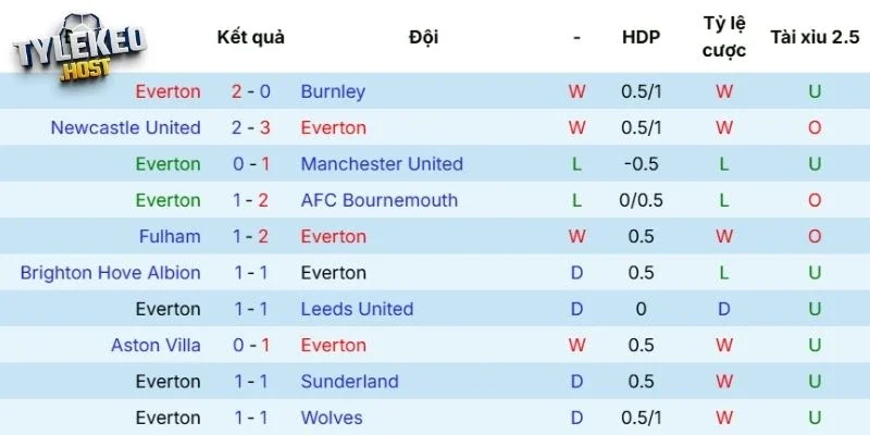 Kết quả tranh tài gần đây của Everton 
