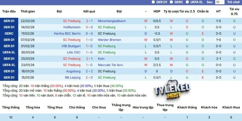 Thành tích thi đấu gần đây của Freiburg
