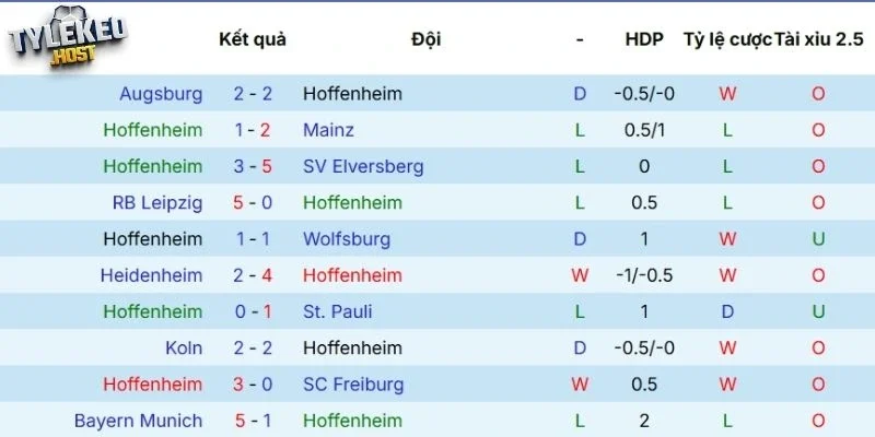 Kết quả thi đấu của Hoffenheim