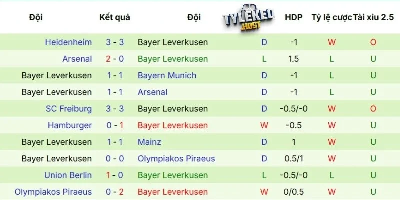 Thống kê thành tích ra sân của Leverkusen